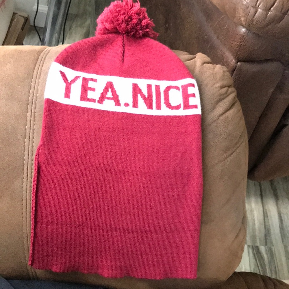 YEA NICE BEANIE MAROON COLOR also says YEA NICE